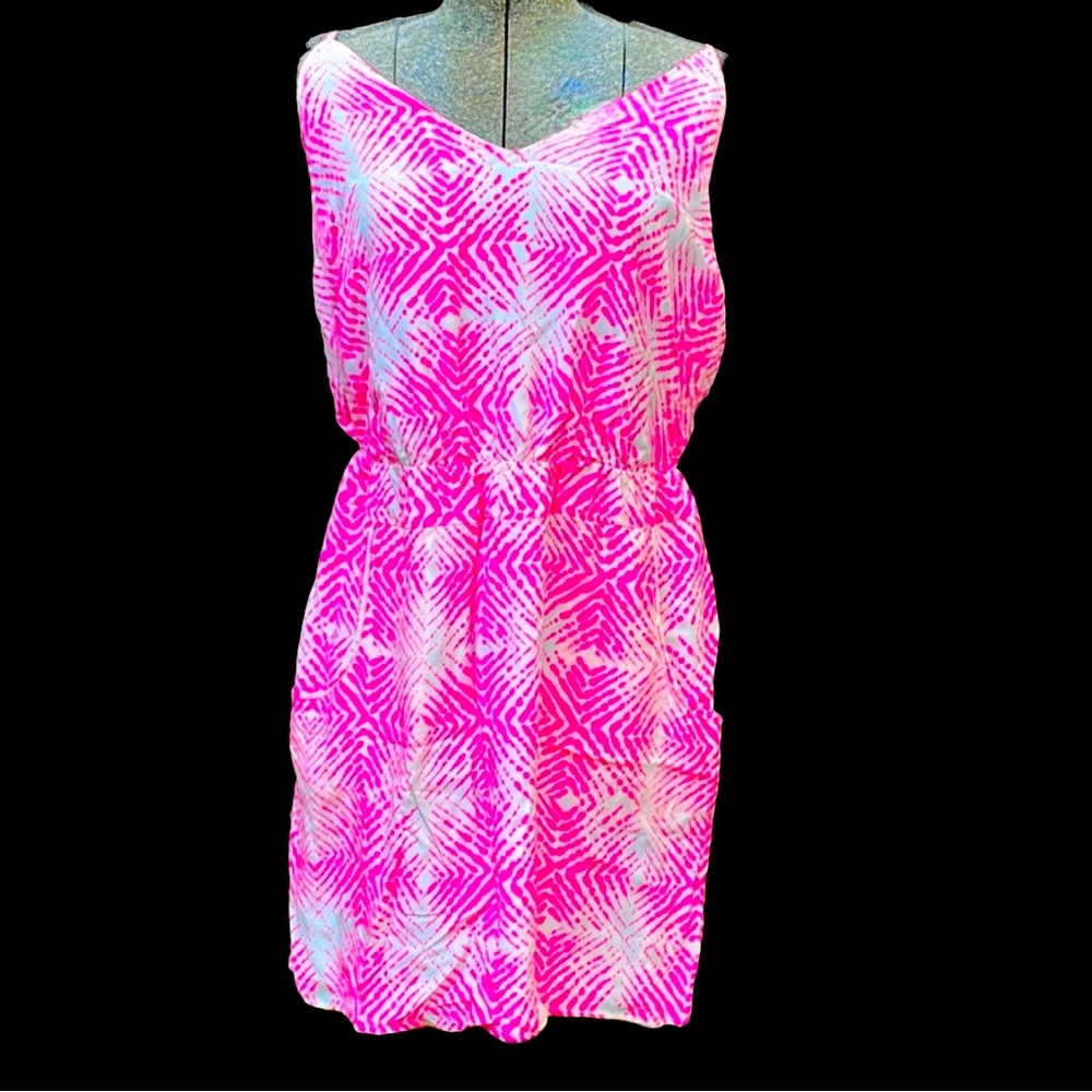 AMANDA UPRICHARD SPEGHETTI STRAP HOT PINK /WHITE MINI DRESS - L - NEW !
